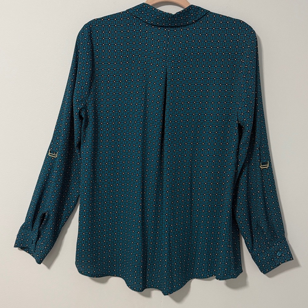 Croft & Barrow Women’s Long Sleeve Pull-Over Tunic Teal Patterned Blouse SZM - Picture 2 of 14
